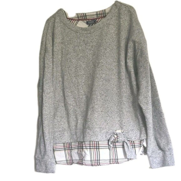 Izod Womens Lg? Gray Plaid Long Sleeve Scoop Neck Pullover Sweatshirt Tie Detail - Picture 1 of 9